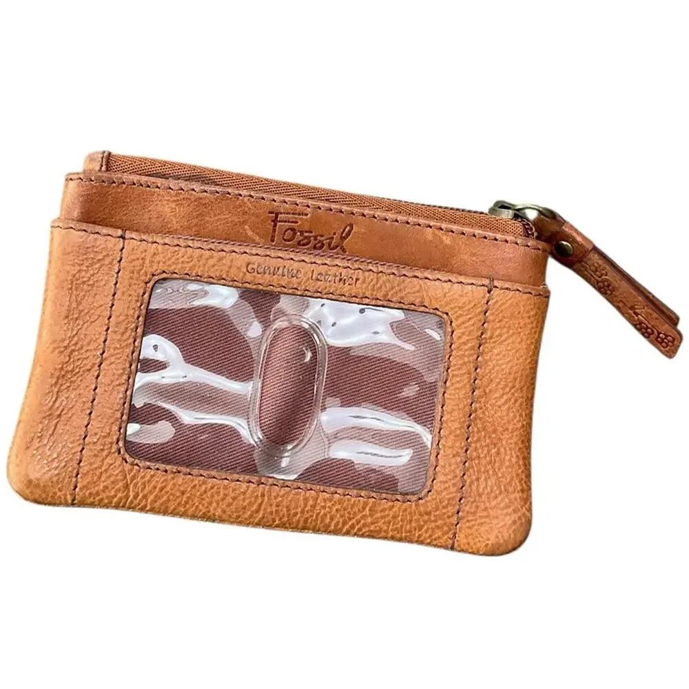 Fossil Brown with green Floral Stitched Leather ID Wallet EUC